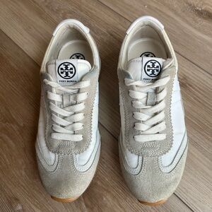 Tory Burch Cream and Tan Suede-Trim Low Top Sneakers